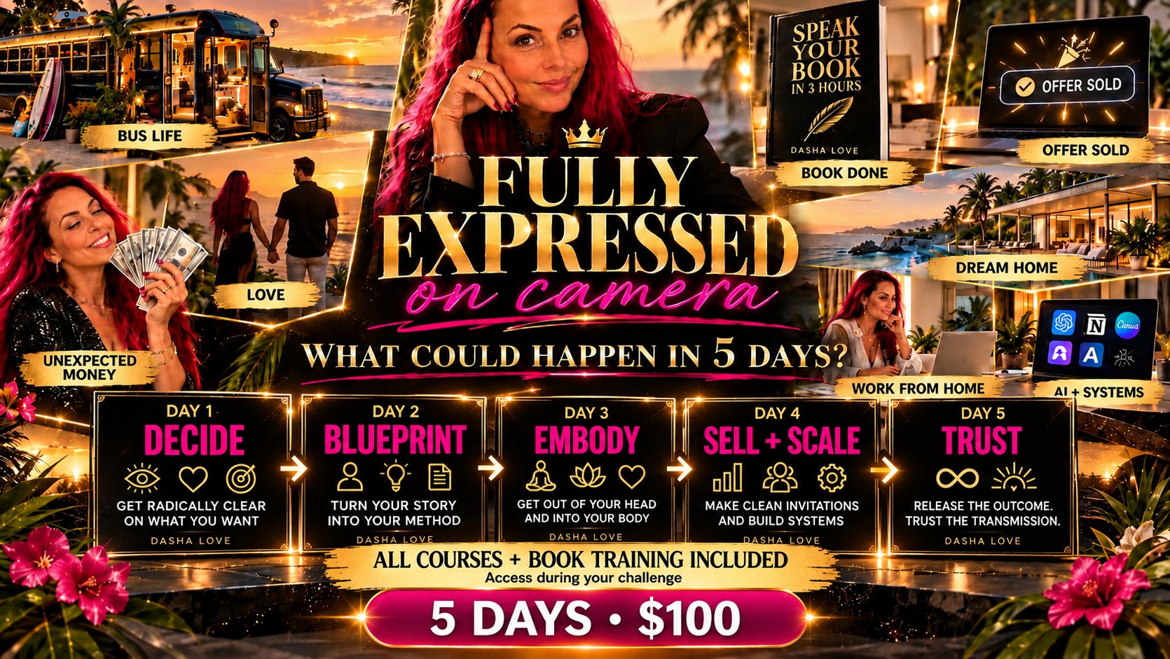 The 5-Day Fully Expressed Party — Day 1 Decide, Day 2 Blueprint, Day 3 Embody, Day 4 Sell + Scale, Day 5 Trust. 5 days, $100.