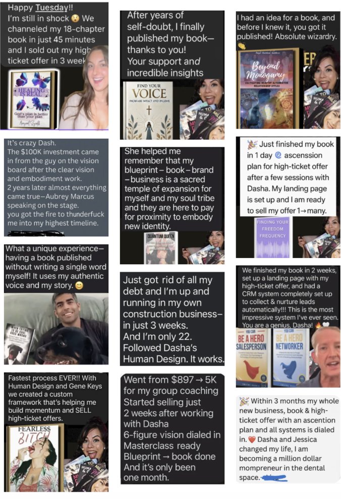 Real client DMs and book covers — unedited screenshots